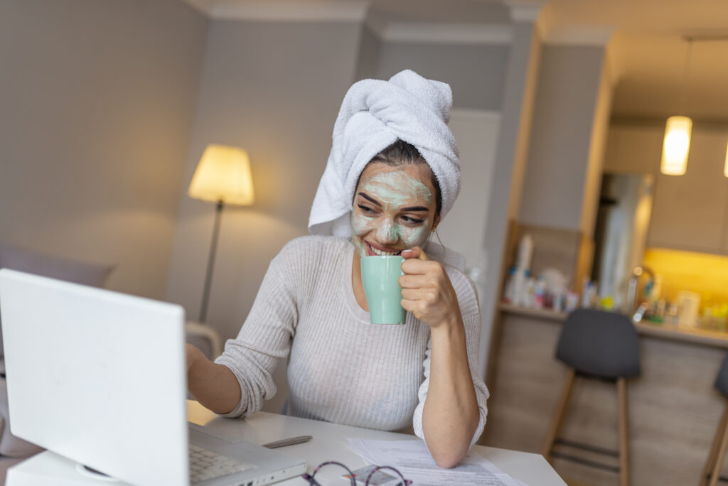 iStock 1161432335 1024x684 - Beautiful girl with morning cosmetics mask drinking coffee -